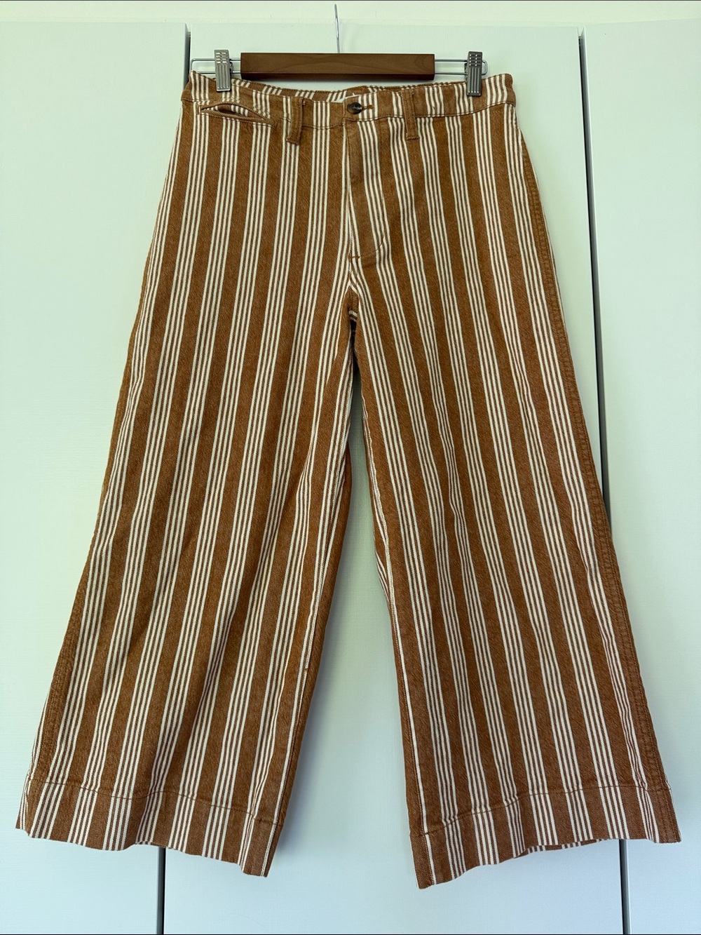 Madewell Tan and White Vertical-Stripe Wide Leg Trouser Pants
